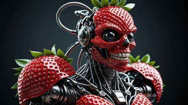 Cyborg made of strawberries with metal parts