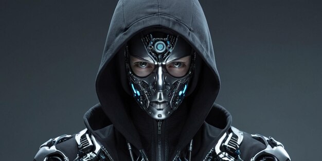 Photo cyborg man in black futuristic costume on dark background