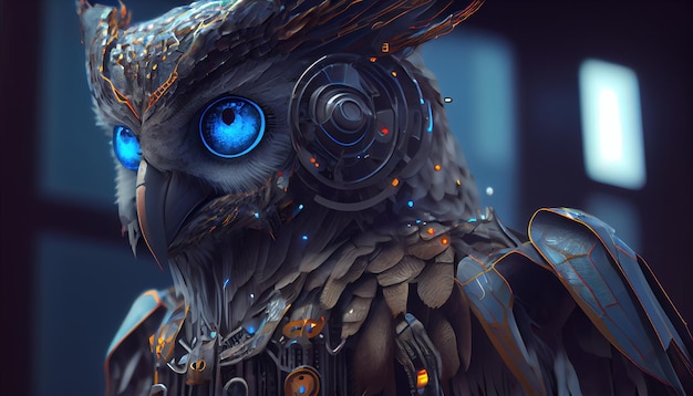 Cyborg owl digital art illustration Generative AI