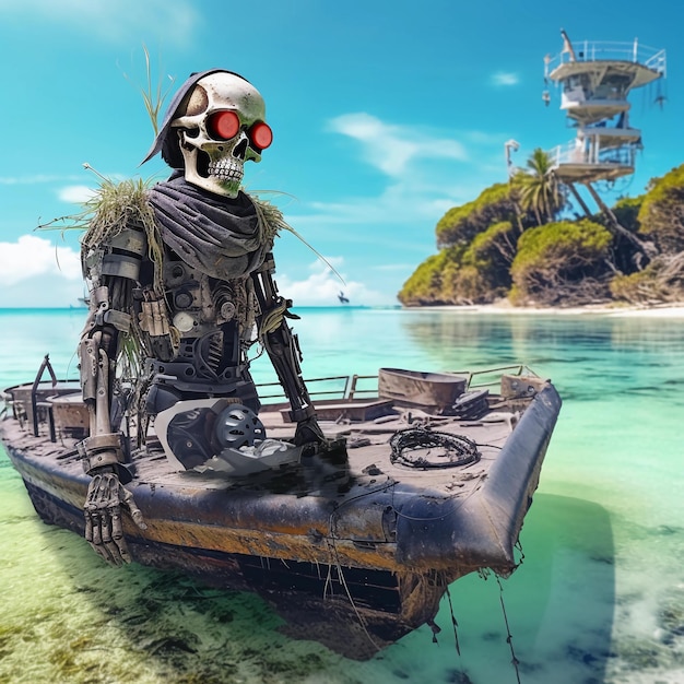 a cyborg pirat stranded in front of an island