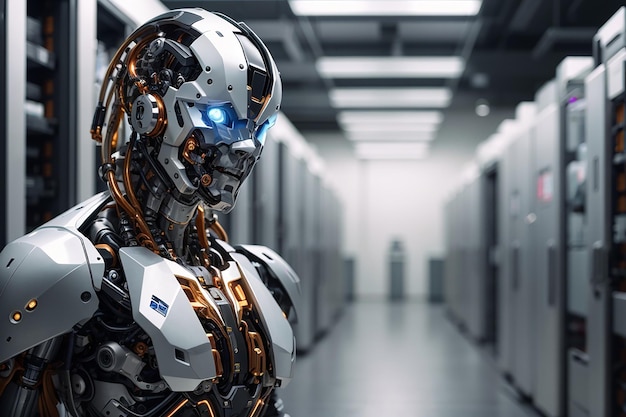 Cyborg robot d render robotic process automation rpa data analysis in server room generative aigener