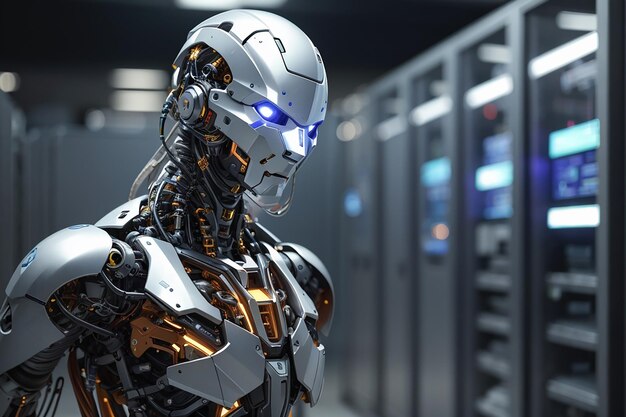 Cyborg robot d render robotic process automation rpa data analysis in server room generative aigener