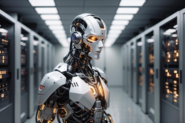 Cyborg robot d render robotic process automation rpa data analysis in server room generative aigener