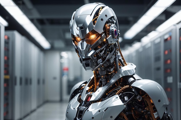 Cyborg robot d render robotic process automation rpa data analysis in server room generative aigener