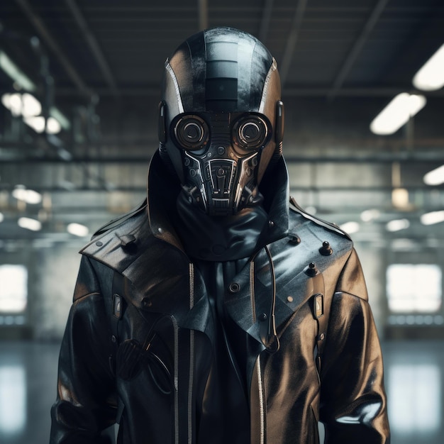 Cyborg robot wearing a future punk mask leather coat and helmet