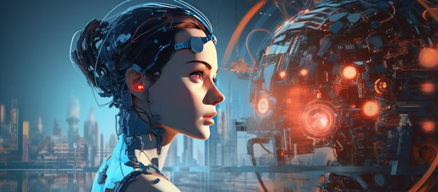 cyborg robot woman with modern technology background wallpaper ai generated image