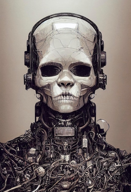 cyborg robotic head, robot skull with engineering and mechanical parts, future image