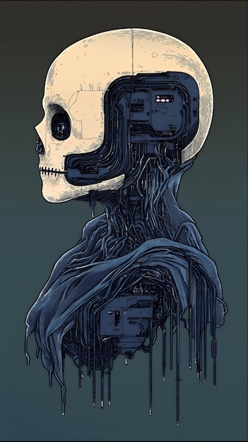 Photo cyborg skull with wires and circuits