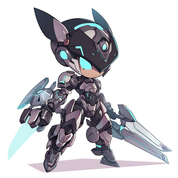 Photo cyborg warrior with a black and silver mechanical body femal cute warrior character illustration