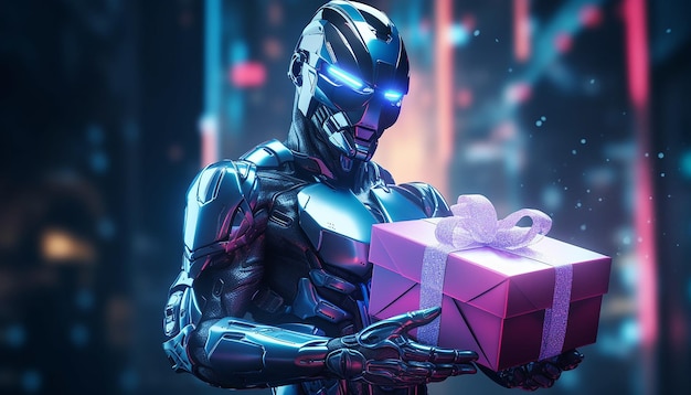 Cyborg with Cyber Monday gifts in neon light