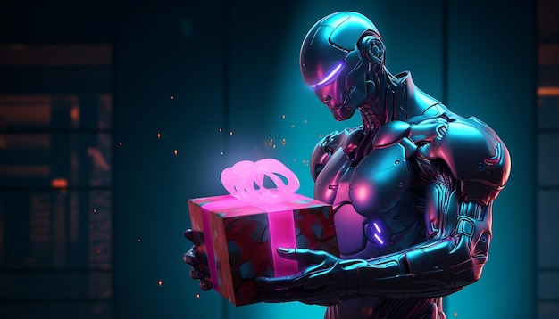 Cyborg with Cyber Monday gifts in neon light