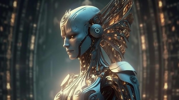 Cyborg with glowing brain Artificial intelligence concept