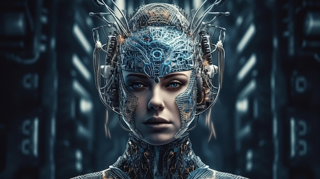 Cyborg with glowing brain Artificial intelligence concept