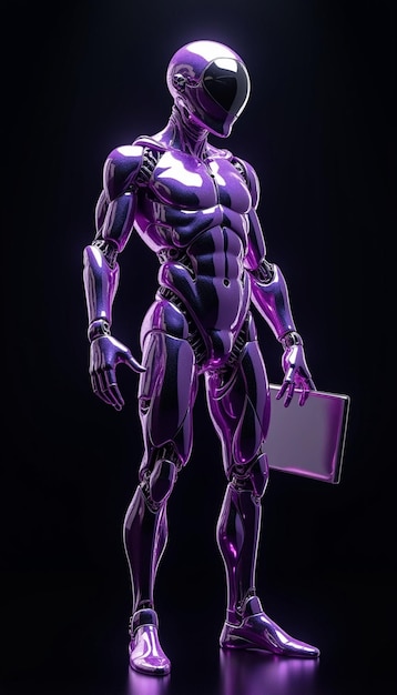 cyborg with a laptop robot with a notebook background cyberpunk