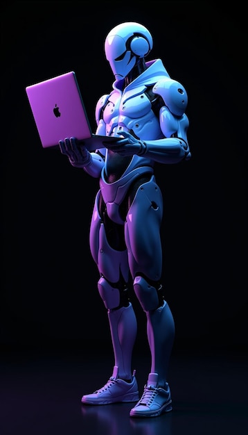 cyborg with a laptop robot with a notebook background cyberpunk