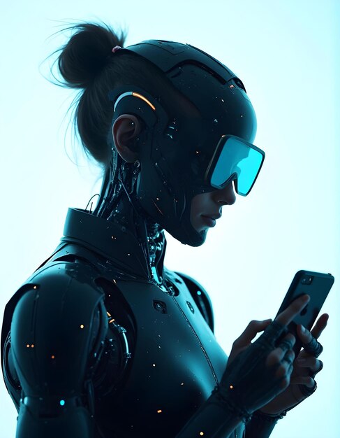 Photo cyborg with phone robot holding smartphone in hand white background cyberpunk girl