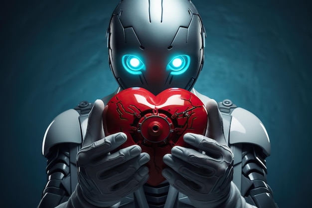 Cyborg with red heart on blue background