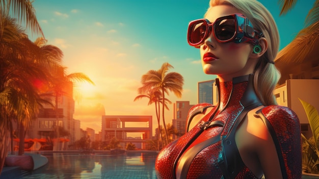 Cyborg woman relaxing by the pool