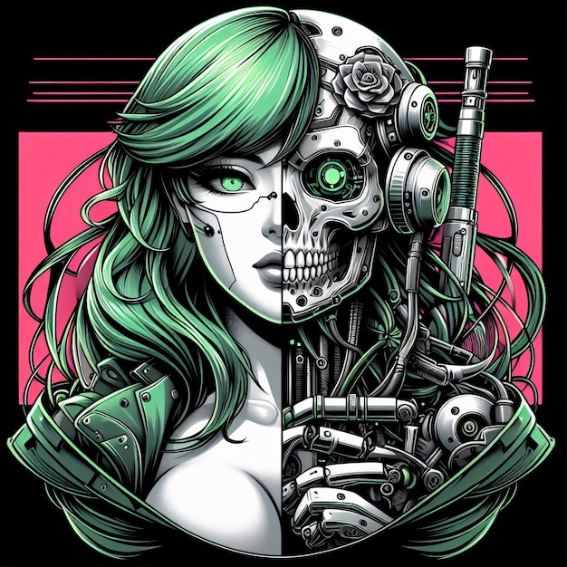 CYBORGE WOMEN IN GREEN HAIR ROBOTIC SKULL HALF FACE AND BODY CYBORGE