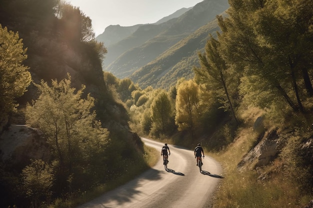 Cycling Adventure Two cyclists biking through scenic roads surrounded by mountains and trees Generative Ai