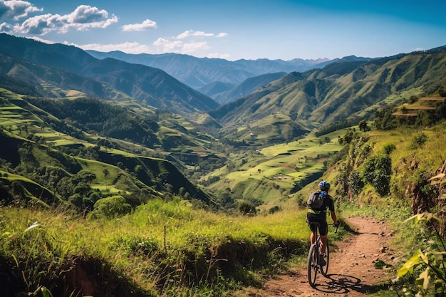 Cycling in Colombia South America Bicycle rider in Latin America Palms forest nature and landscape of Ecuador Generative Ai