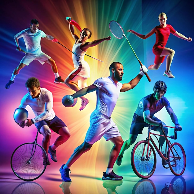 Photo cycling fencing boxing fitness soccer sport collage of professional athletes on gradient multicolored neoned background concept of motion action active lifestyle