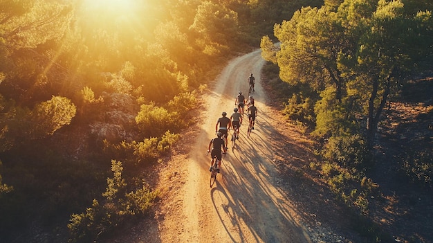 Cycling Group Enjoying a Scenic Ride in Nature with Sun