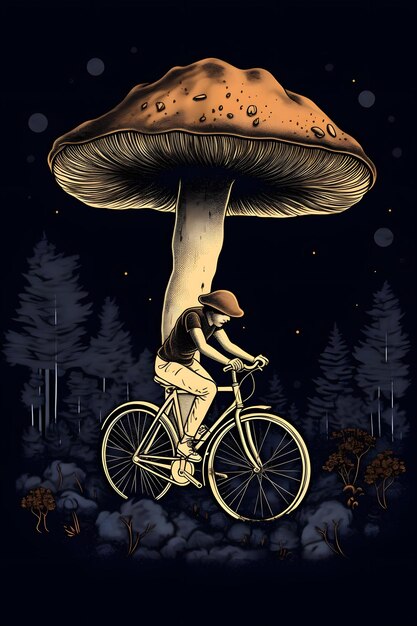 cycling mushroom 1950 illustration vector art black background