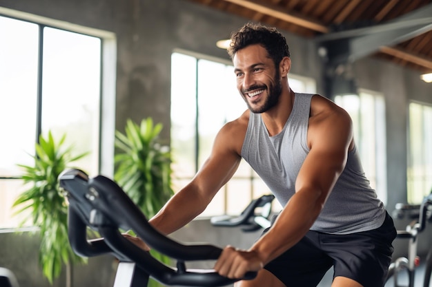 Cycling for wellbeing Young man smashing cardio goals with exercise bike