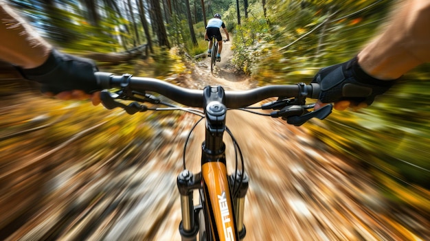 a cyclist in action on a mountain bike navigating a rugged trail with dynamic motion blur