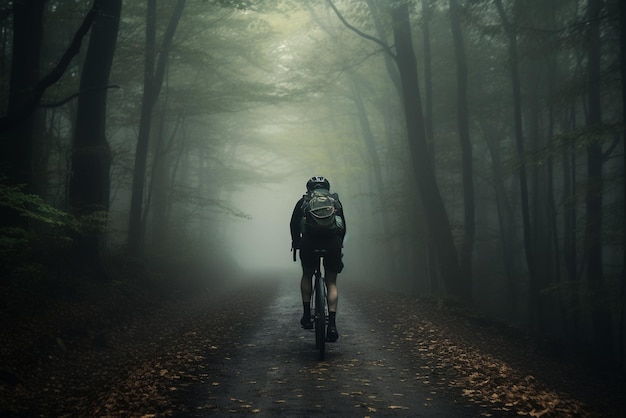 Cyclist on a bicycle with panniers riding along a foggy forest road