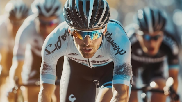 Photo cyclist in a blue and white jersey leaning forward