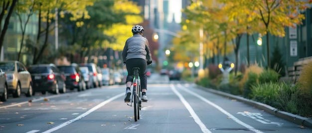 A cyclist on a dedicated bike path in a city