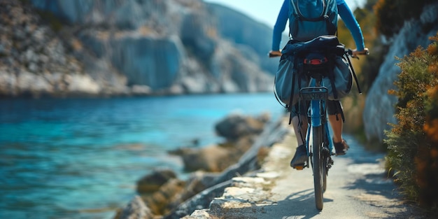 Photo cyclist enjoys scenic coastal ride by crystal clear waters and rocky cliffs