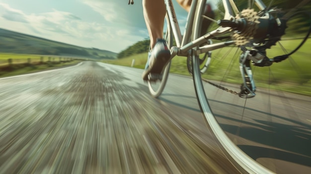 Photo a cyclist is riding on the road the background features blurred green fields