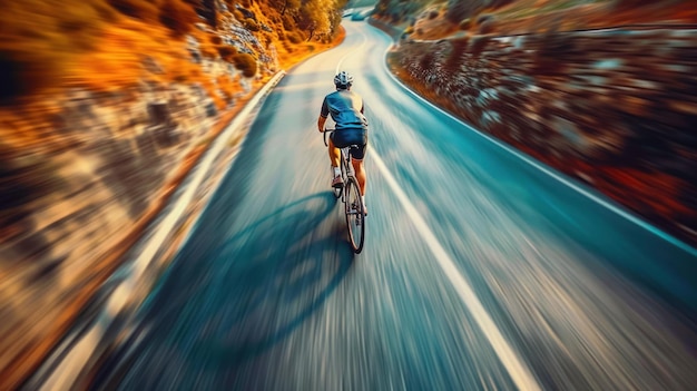 a cyclist in motion on a winding road with a blurred background emphasizing rapid movement