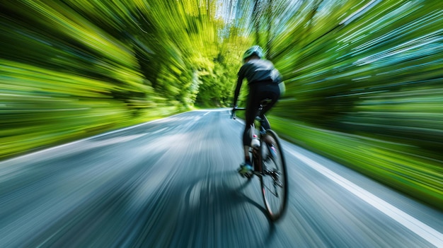 Photo a cyclist in motion on a winding road with a blurred background emphasizing rapid movement