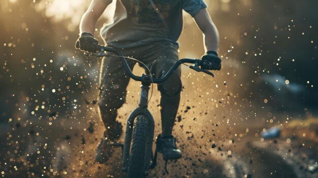 Photo a cyclist navigates a muddy trail kicking up dirt and water under the warm glow of a setting sun capturing the essence of adventure and raw energy