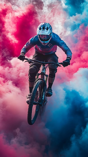 Photo cyclist performing a trick amid vibrant smoke