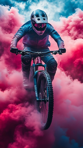 Photo cyclist performing a trick amid vibrant smoke