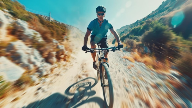 A cyclist races down a rocky path under a clear blue sky embodying freedom excitement and the spirit of outdoor adventure