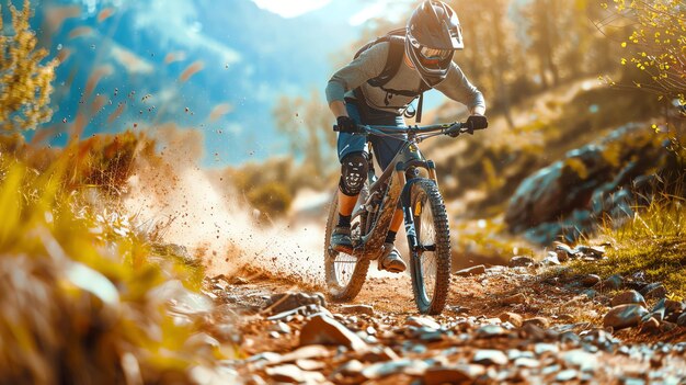 Photo cyclist racing downhill on a mountain bike trail