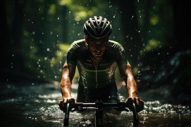 Cyclist relaxes next to the source after summer tour generative IA