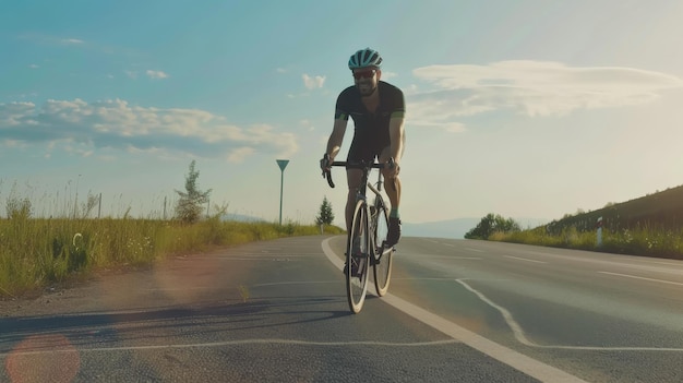 Photo a cyclist rides along an open road under a blue sky enjoying the freedom and tranquility of an early morning ride