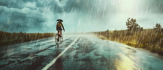 Photo a cyclist rides down an empty road under heavy rain embodying resilience and the serene beauty of a stormy landscape