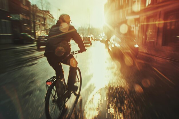 Photo cyclist rides through the city generative ai