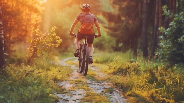 A cyclist rides through a forest the sun shining through the trees casting a warm glow on the path ahead