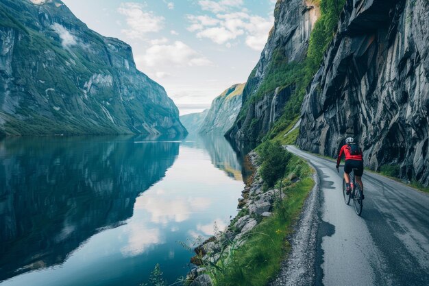 Photo cyclist riding along scenic fjord with towering cliffs and calm reflective waters nature adventure print