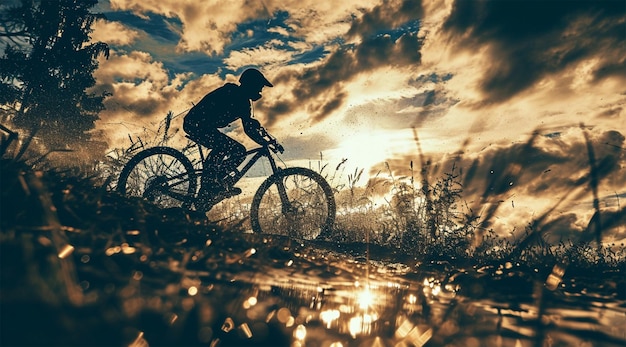 Cyclist Riding the Bike on the Trail in the Beautiful Autumn Forest Extreme Sport Concept