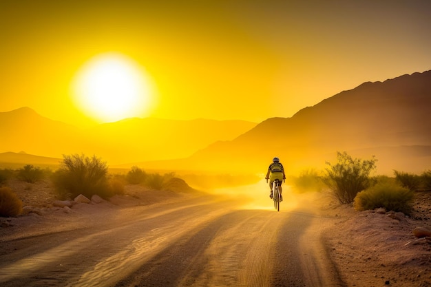 Cyclist riding by the dusty road among the mountains Lone traveler rear view Yellow sky at backdrop Generative AI